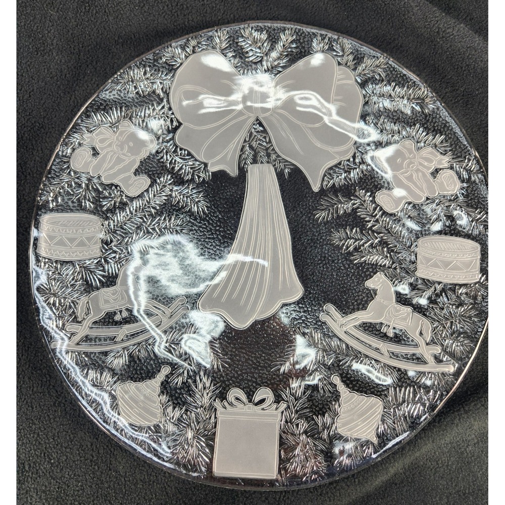 Mikasa Crystal Hostess Platter Tray Christmas Bow Horse Toys 15" Heavy Gorgeous!